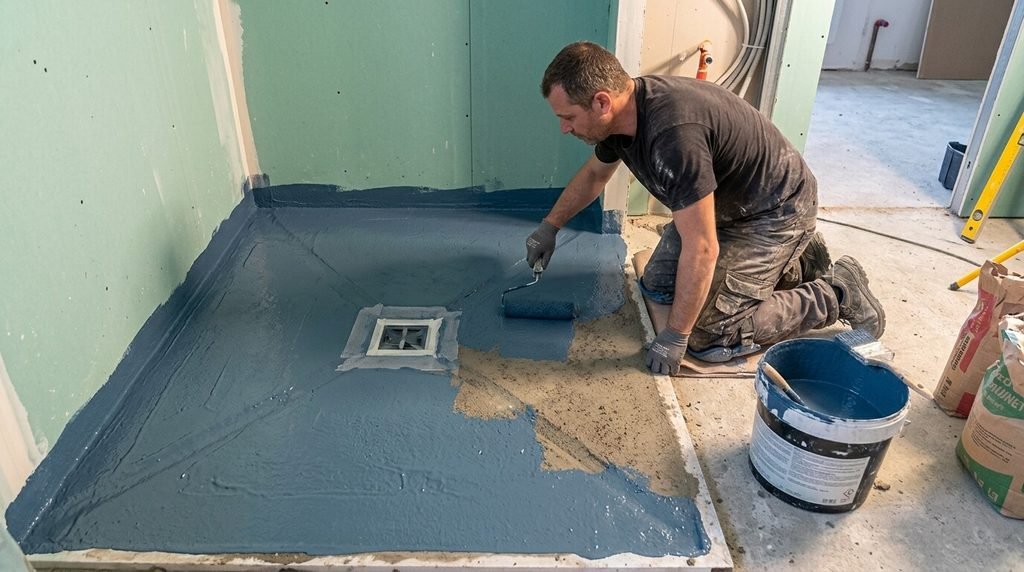Faire un receveur de douche en béton : étapes, pente et étanchéité 3 Pose au rouleau d'une membrane d'étanchéité liquide sous carrelage sur receveur béton.