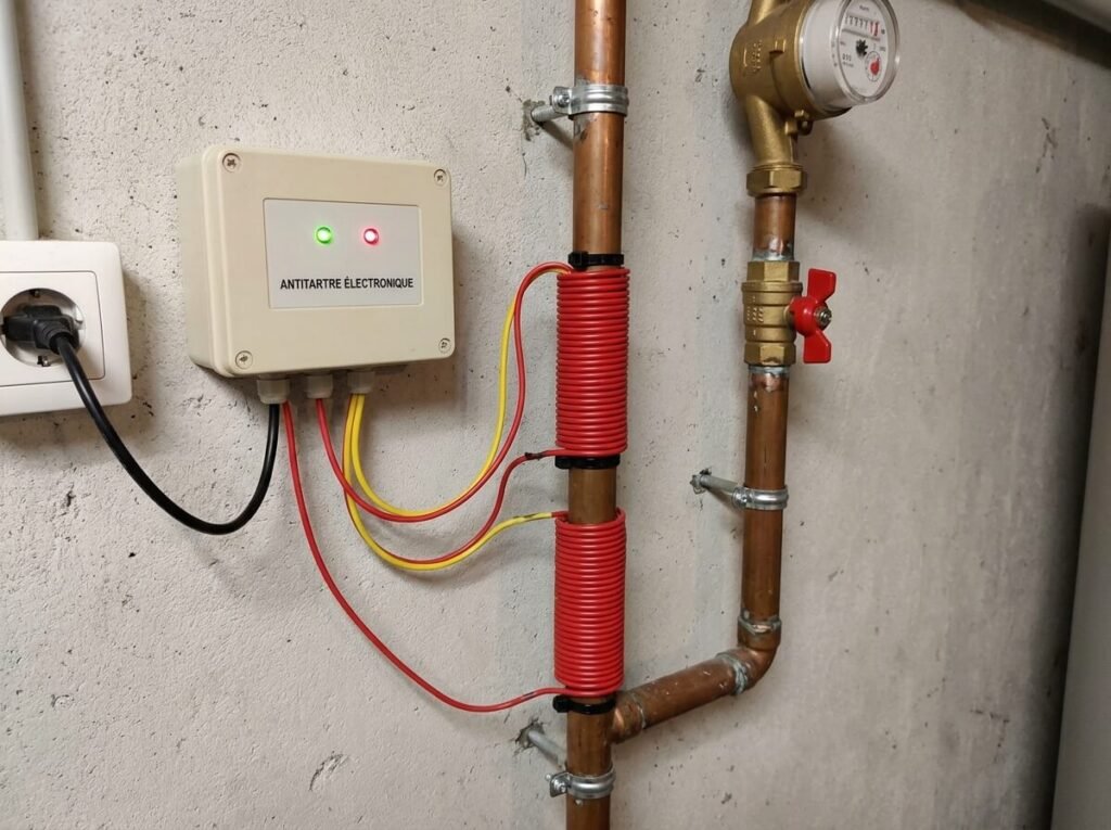 Avis sur les antitartres électroniques : efficace ou inutile ? 2 Boîtier antitartre électronique installé sur l'arrivée d'eau générale avec ses deux câbles enroulés autour du tuyau.