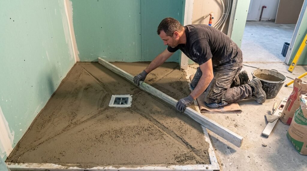 Faire un receveur de douche en béton : étapes, pente et étanchéité 1 Maçon tirant à la règle la chape de béton avec pointes de diamant vers la bonde de douche.