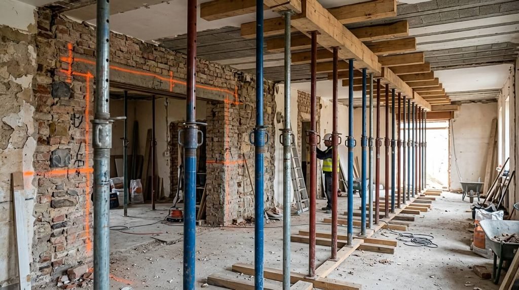 Poutre de soutien : à quoi elle sert et comment choisir la bonne 3 Ligne d'étais métalliques et bastings en bois soutenant un plancher avant création d'une baie.