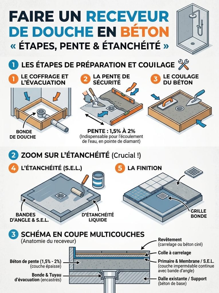 Faire un receveur de douche en béton : étapes, pente et étanchéité 4